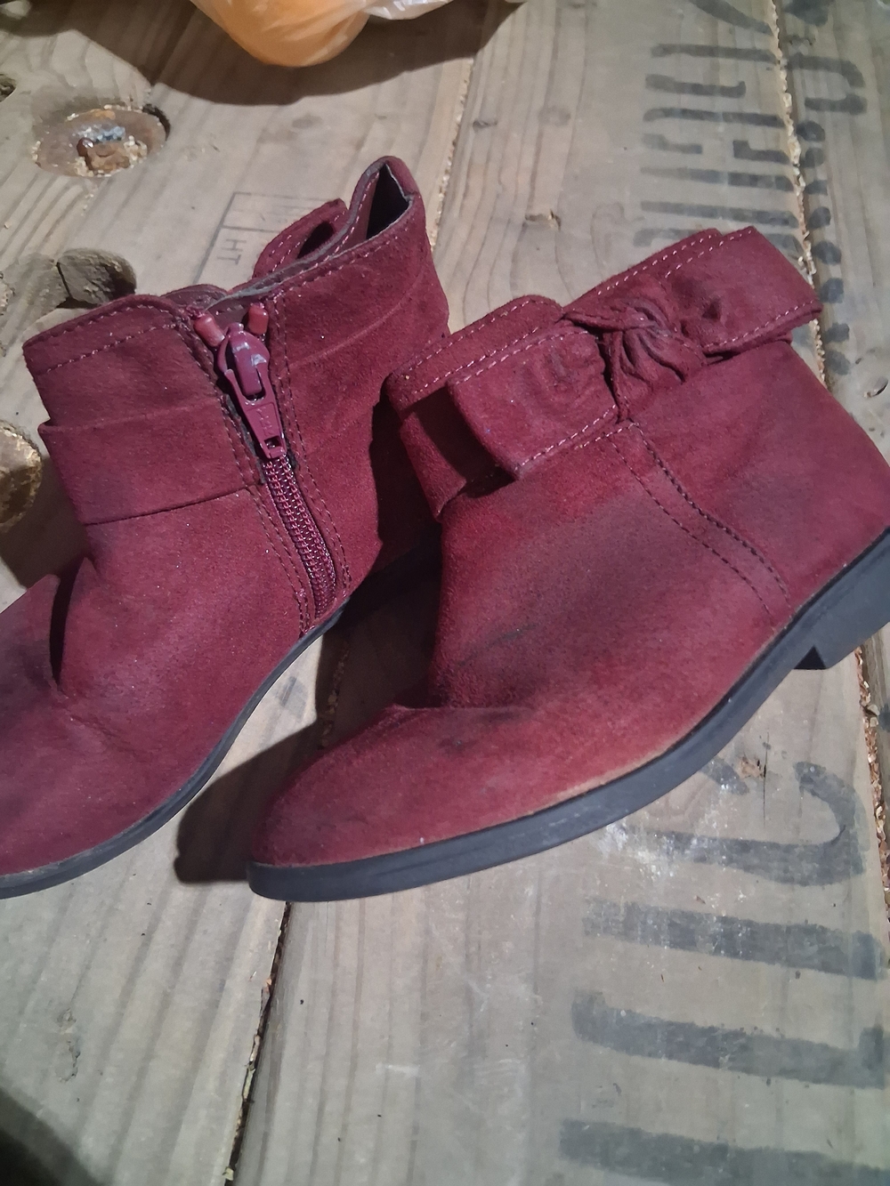Place Wine Suede Ankle Booties with Side Zip and Knot Accent